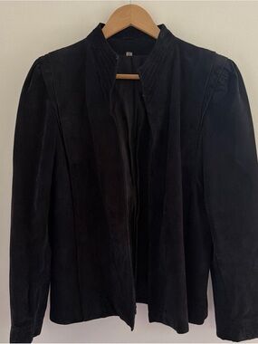 Vintage Suede Leather Jacket Structured Pleated Shoulders Size M/L Black